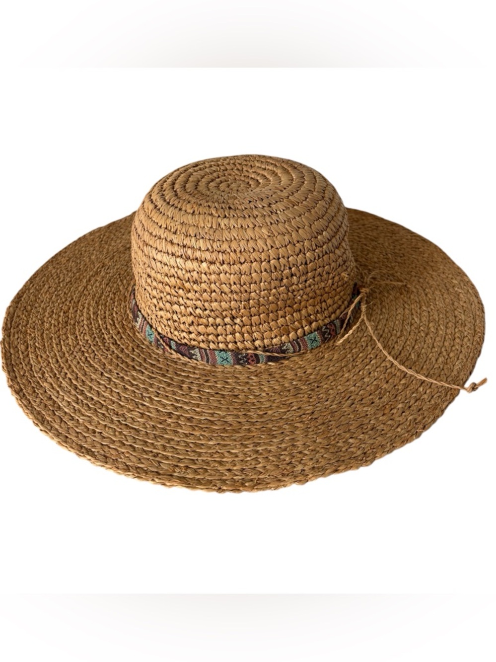 John Callanan Straw Sun Hat Permanent Vacation Adjustable Tan Colorful Trim Band